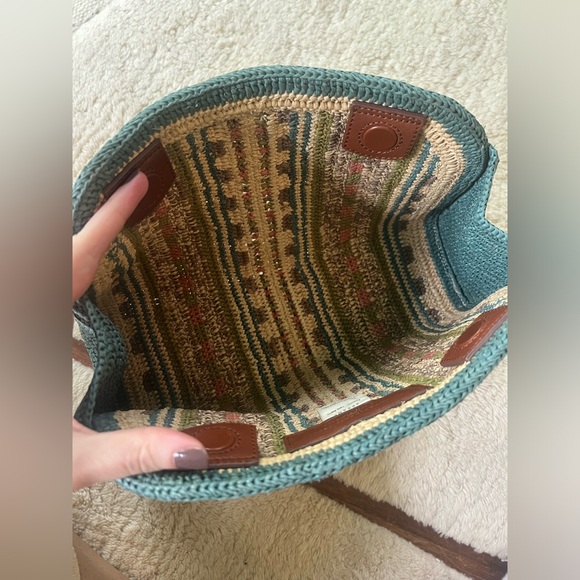 Sezane Carla Pouch Clutch Hand Bag Woven raffia evening stripe green tan pink - Picture 5 of 12